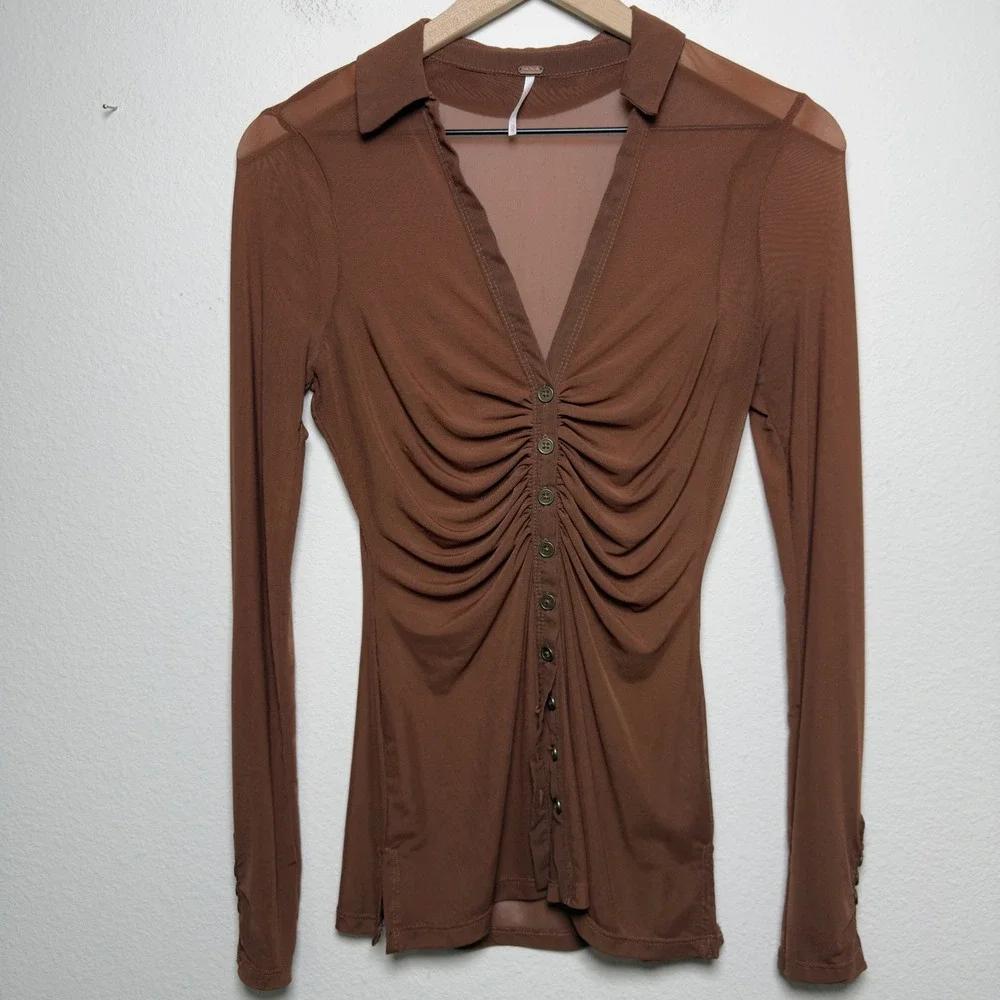 Free People Women Lucky Mesh Shirtee Top XS‎ Brown Mesh Ruched Button Up